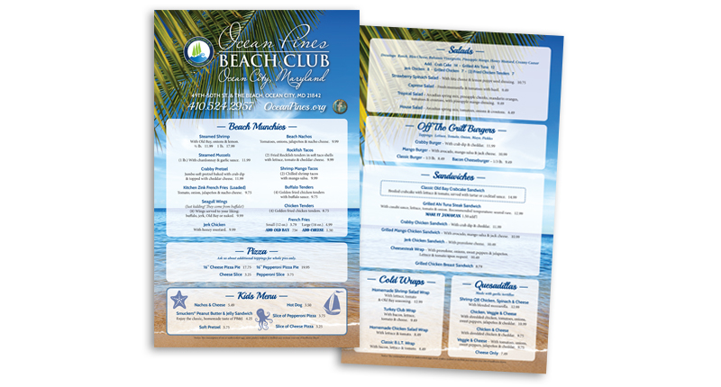 Ocean Pines Beach Club menu design