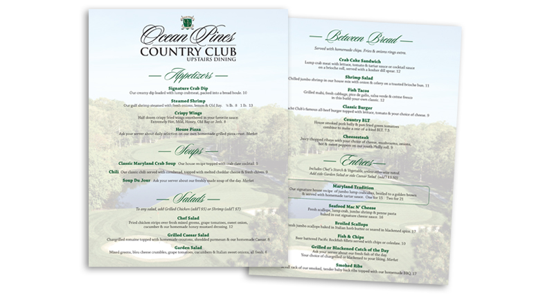 Ocean Pines Country Club menu design